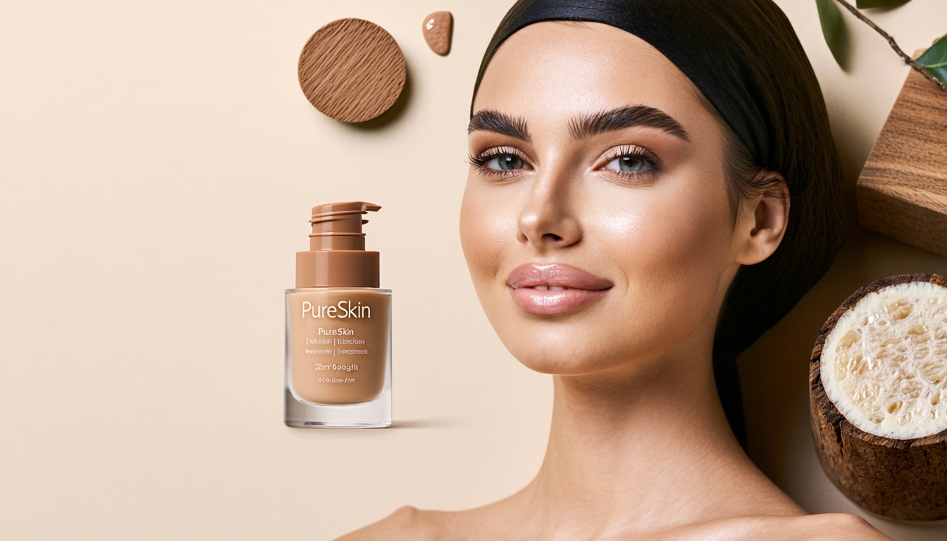 Base de maquillaje PureSkin en envase ecológico sobre fondo natural